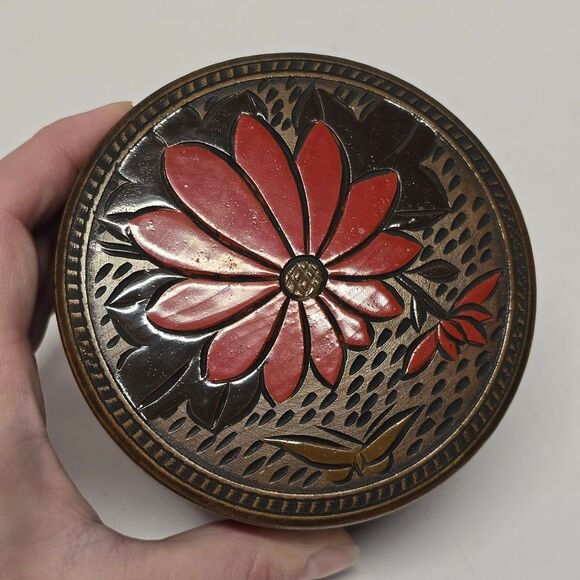 Vintage Japanese Round Wooden Trinket Jewelry Box Floral Theme - Picture 2 of 9